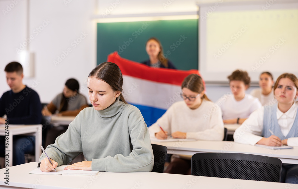 Students study in classroom, teacher stands behind with flag of Netherlands