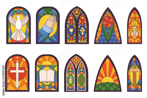 Set Of Church Stained Arched Windows Isolated Icons. Cathedral Mosaic Glasses With Spiritual Symbols Cross, Dove