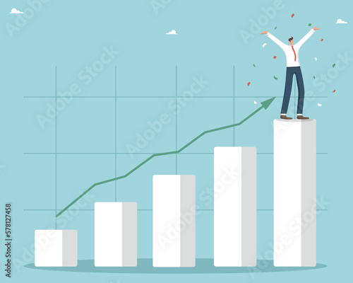 The concept of winning, achieving goals by hard work, career growth, business value increase, strategic thinking while solving complex problems, winning businessman at the top of a growing graph.