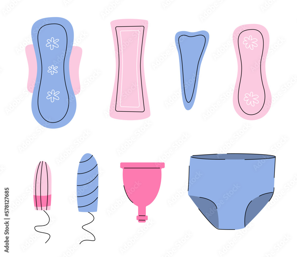 Set of feminine hygiene items. PMS and menstruation icons. Illustration of menstrual cup, tampon, pad.