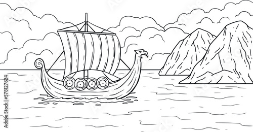 Viking boat at sea. Nordic Drakkar, Swedish warship. Longship with oars. Cartoon scandinavian sailboat for coloring book