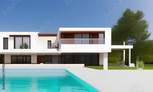 Maison moderne avec piscine avec un beau ciel bleu © Frédéric Massard
