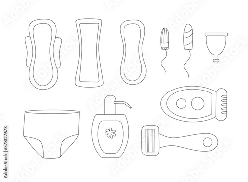 Set of feminine hygiene items. PMS and menstruation outline illustration. 