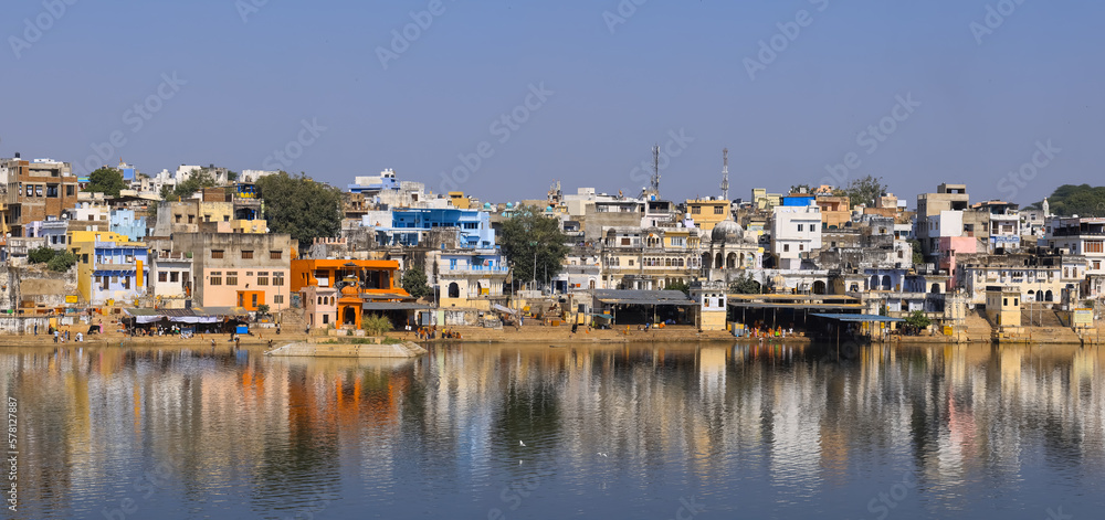 View of the city and Lake Pushkar in Rajasthan well known pilgrimage center for Hindu pilgrims.