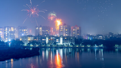 Hyderabad cityscape in Telangana, India. illuminated with Diwali festival fireworks.
