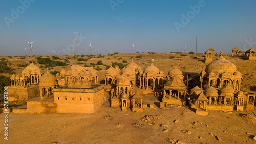 Aerial view of historic Royal Cenotaphs called Bada Bagh near Jaisalmer city, Rajasthan. photo