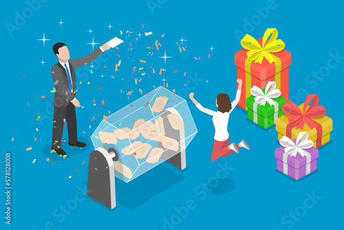 3D Isometric Flat Vector Conceptual Illustration of Lottery Draw, Lucky Girl Winning a Prize