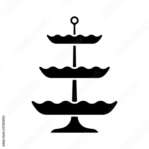 Three-tier fruit bowl icon. Candy rack. Candy bowl. Black silhouette. Vertical front side view. Vector simple flat graphic illustration. Isolated object on a white background. Isolate.