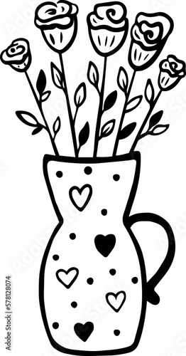 Rose in flower pot with  hearts in doodle outline style. Black and white illustration