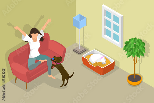 3D Isometric Flat Vector Conceptual Illustration of Pet at Home, People and Domestic Animals