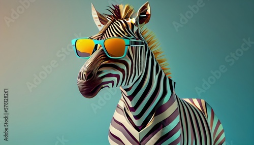 Fashion zebra in color suit with sunglasses on a solid color background, vector art, digital art, faceted, minimal, abstract, geometric. Generative AI.