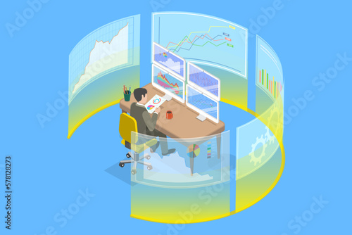 3D Isometric Flat Vector Conceptual Illustration of Working Trader or Broker , Trading Market or Investment