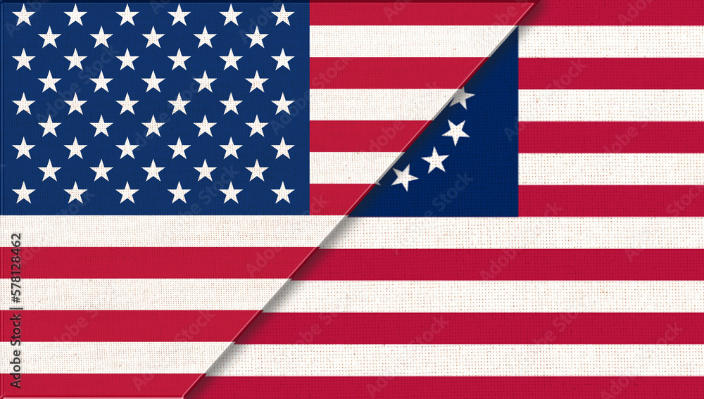 Flags of USA and Betsy Ross. historical concept. Two flags on fabric surface Flags of USA and Betsy Ross. historical concept. Two flags on fabric surface