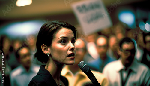 Portrait of a young woman in a suit holding a microphone at a political event. image created with ia