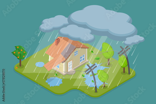 3D Isometric Flat Vector Conceptual Illustration of Thunderstorm and Natural Disaster, Building Damage