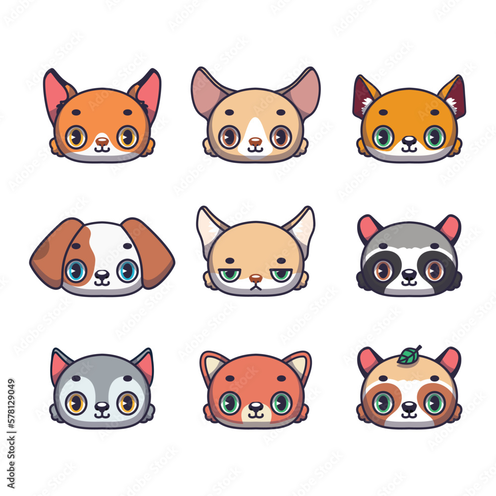 Fototapeta premium Collection of nine cute canines including fox, fennec fox, dingo, dog, tibetan sand fox, raccoon, wolf, dhole and raccoon dog