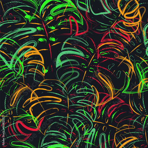 Seamless fantasy pattern with tropical foliage, monstera leaves. Virtual surreal nature. Paint brush strokes of neon bright colors. Grunge illustration for prints, textile design. Sport style