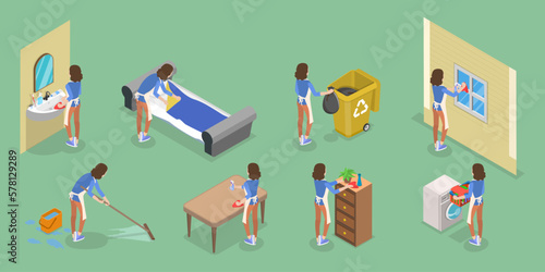 3D Isometric Flat Vector Set of Household Chores, Housekeeping Activities