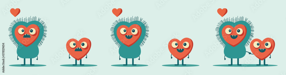 Monster in the form of a heart. Valentines Day monsters and hearts. Vector illustration