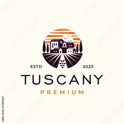 Vineyard Landscape with Tuscany Houses Logo Emblem. Farm Grape fields with Houses Vector Illustrations	
