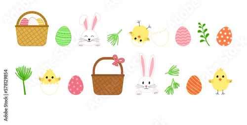 Easter cute vector set, rabbit, egg, bunny, basket, chick and flower. Cartoon spring element collection, funny icon isolated on white background. Holiday illustration