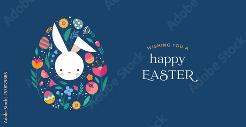 Happy Easter, decorated geometric style Easter card, banner. Bunnies, Easter eggs, flowers and basket. Modern minimalist design