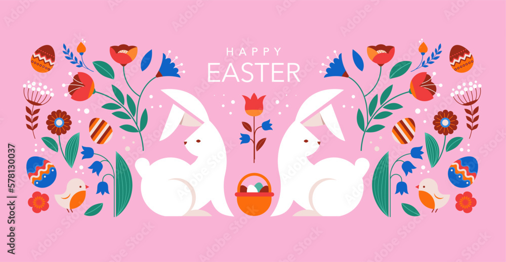 Happy Easter, decorated geometric style Easter card, banner. Bunnies, Easter eggs, flowers and basket. Modern minimalist design Happy Easter, decorated geometric style Easter card, banner. Bunnies, Easter eggs, flowers and basket. Modern minimalist design