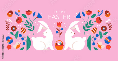 Happy Easter  decorated geometric style Easter card  banner. Bunnies  Easter eggs  flowers and basket. Modern minimalist design
