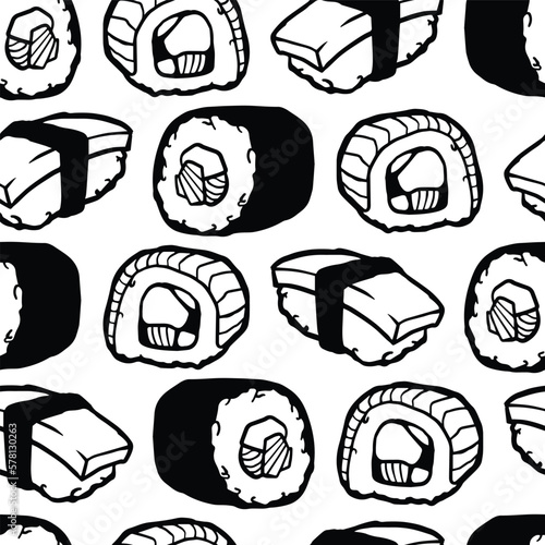 Black and White Sushi Drawing Seamless Vector Repeat Pattern