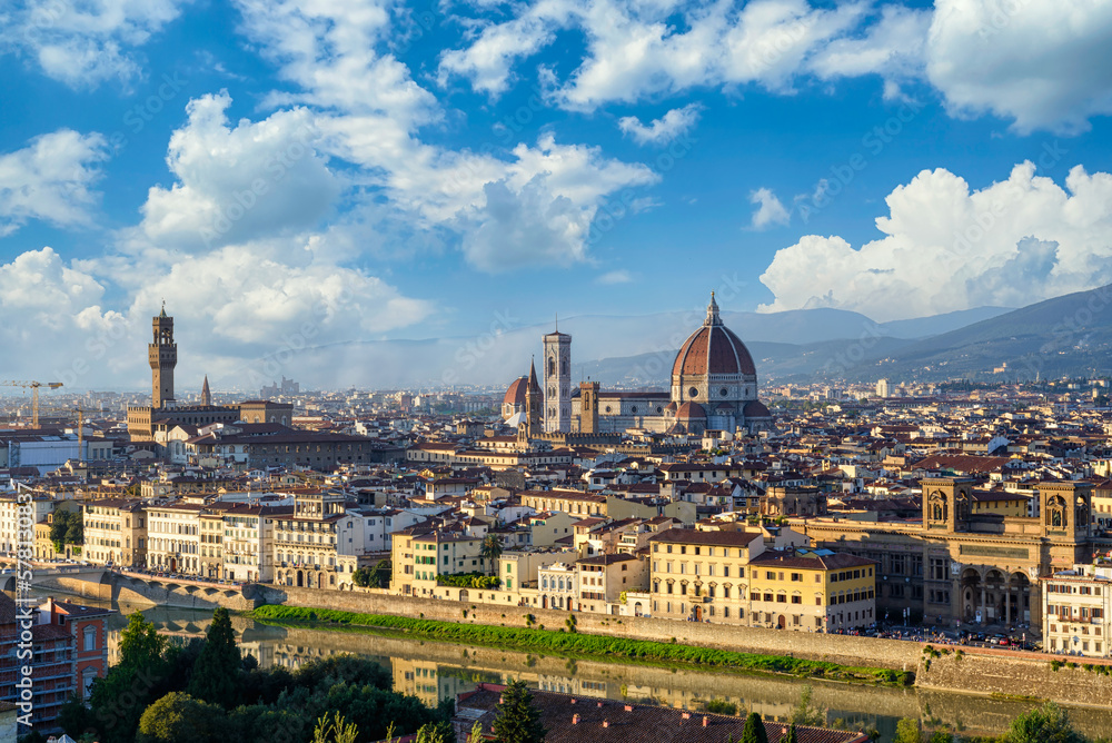 View of Florence, Palazzo Vecchio and Florence Duomo, Italy. Architecture and landmark of Florence. Cityscape of Florence.