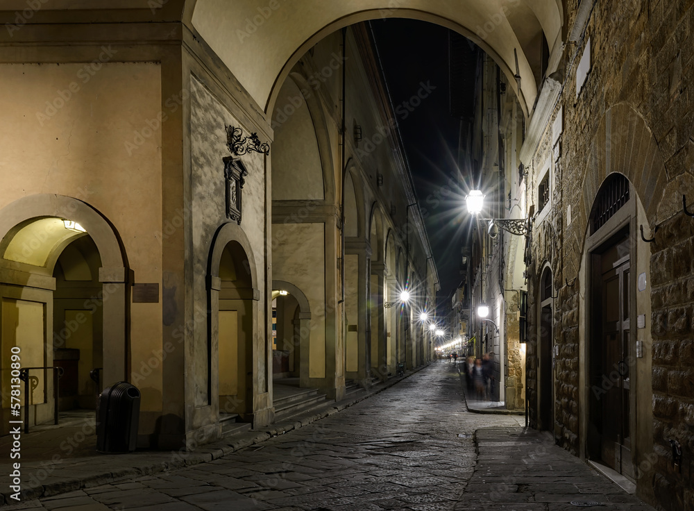 Cozy narrow street in Florence, Tuscany, Italy. Architecture and landmark of Florence. Night Florence cityscape - obrazy, fototapety, plakaty 