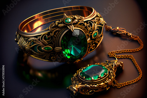 Jewelry gold with green emerald. luxury accessories. Generative AI.