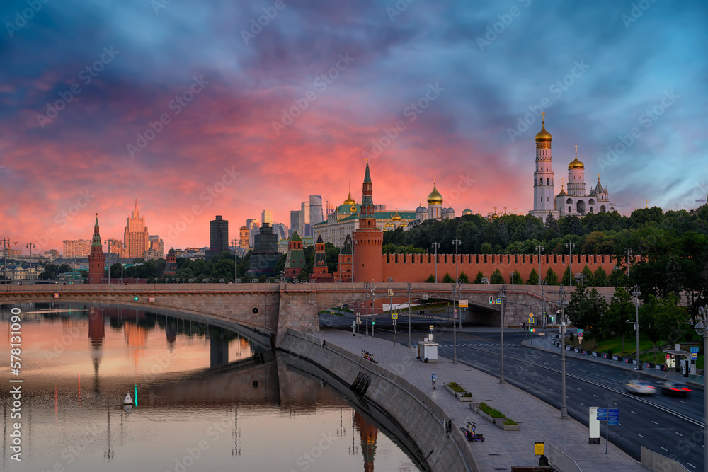 Fototapeta premium Moscow Kremlin and Moskvoretskaya embankment in Moscow, Russia. Architecture and landmarks of Moscow. Postcard of Moscow