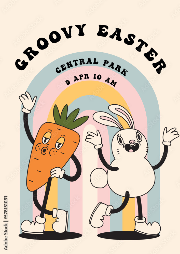 Groovy Happy Easter poster template. Spring character mascot card in retro cartoon style. Cute easter bunny, carrot lettering. Hand drawn isolated vector print design