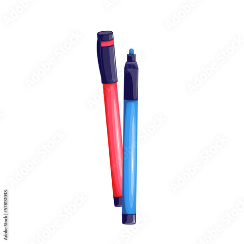 Markers set vector illustration. Cartoon isolated two plastic blue and red marker pens with felt tips, highlighters with open and closed caps to draw and mark, write and highlight text on paper