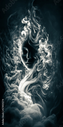 mysterious woman face in smoke flow. Generative AI 