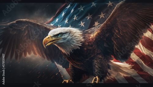  Bald eagle flies against American flag background created with generative AI technology photo