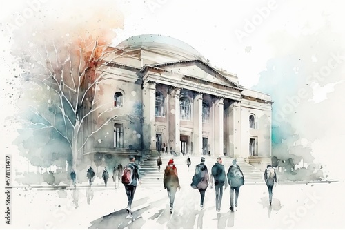 silhouettes of students walking near university building, Watercolor illustration, Generative AI