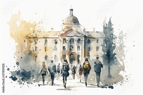 silhouettes of students walking near university building, Watercolor illustration, Generative AI