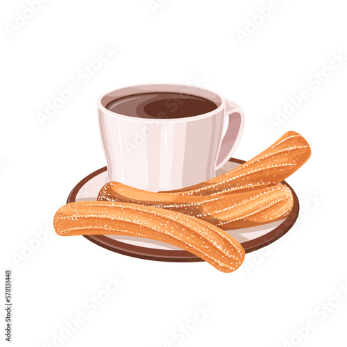 Cup of coffee and churros vector illustration. Cartoon isolated cup with hot drink and churro sticks with sugar powder on plate, traditional Spanish or Mexican morning sweet dessert for breakfast