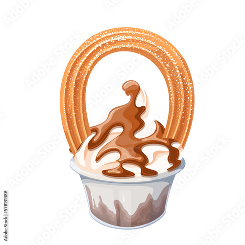 Ice cream with drips of chocolate sauce and churro vector illustration. Cartoon isolated cup with soft summer dessert and churro stick, vanilla sundae with crispy biscuit and sugar powder decoration