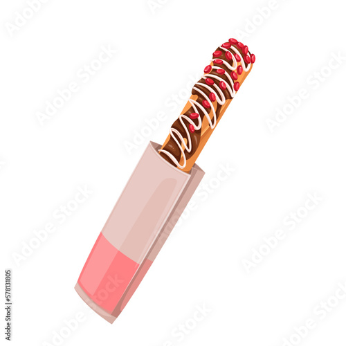 Churro stick in paper bag vector illustration. Cartoon isolated cardboard packaging with traditional biscuit of Mexican, Portuguese and Spanish cuisine, churro dessert made with choux pastry dough