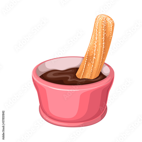 Churro stick in cup with chocolate sauce vector illustration. Cartoon isolated bowl of brown liquid choco dip with traditional hot cake of Mexican and Spanish cuisine, delicious churro dessert