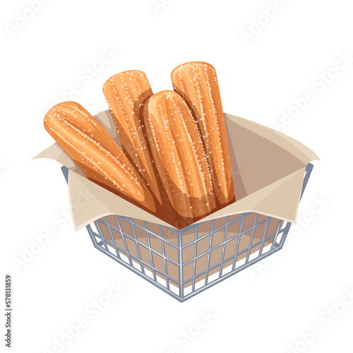 Bunch of churros in box vector illustration. Cartoon isolated group of churro sticks in sugar powder cover, bowl with paper towel and crunchy dessert for breakfast, food made from fried choux pastry