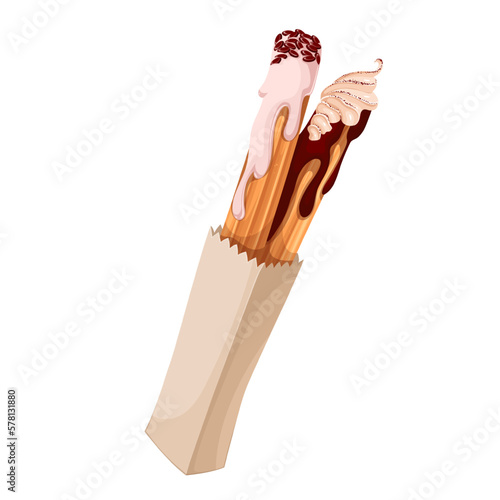 Churros in paper bag vector illustration. Cartoon isolated two churro sticks wrapped in paper box, crunchy cakes with chocolate and pink strawberry sauces, sugar icing and delicious candy decoration