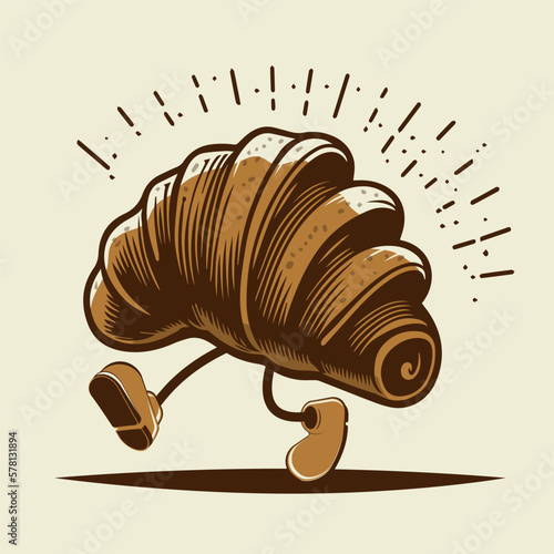 funny retro cartoon illustration of a walking croissant