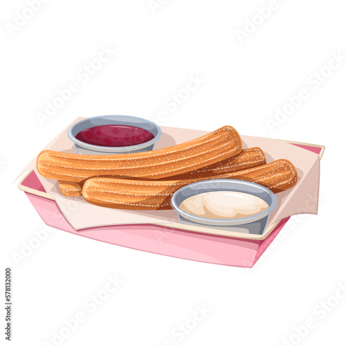 Churros pile in paper box with cups of chocolate sauces vector illustration. Cartoon isolated takeaway fast food container with churro sticks in sugar powder cover, bowls of brown and white choco dip