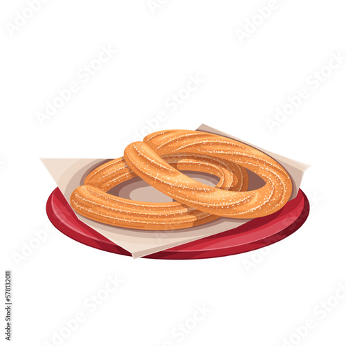 Churros on plate vector illustration. Cartoon isolated tray of fast food restaurant with paper napkin and two churro sticks in sugar powder cover, traditional cakes made with choux pastry dough