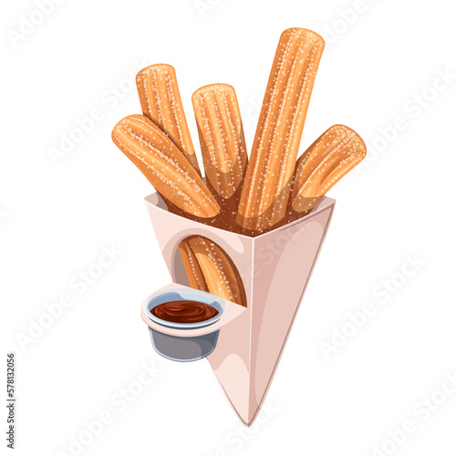 Churros in paper bag with cup of chocolate sauce vector illustration. Cartoon isolated street food packaging with stack of churro sticks in sugar powder cover and plastic bowl with brown sweet dip