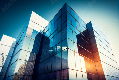 The Beauty of Glass Architecture with a Blue Sky. Large Office Building with many windows. Generative AI.